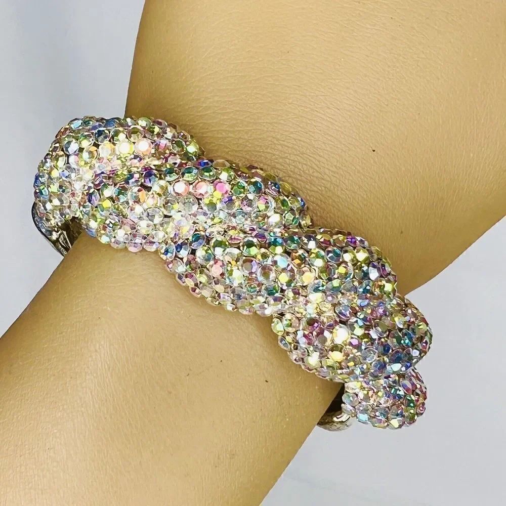Vintage Aurora Borealis AB Rhinestone Pave Silver Clamper Bracelet Dazzling 4755